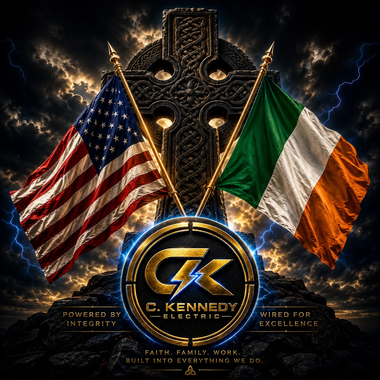 C. Kennedy Electric brand symbol — faith, family, and craft as the foundation of every electrical project