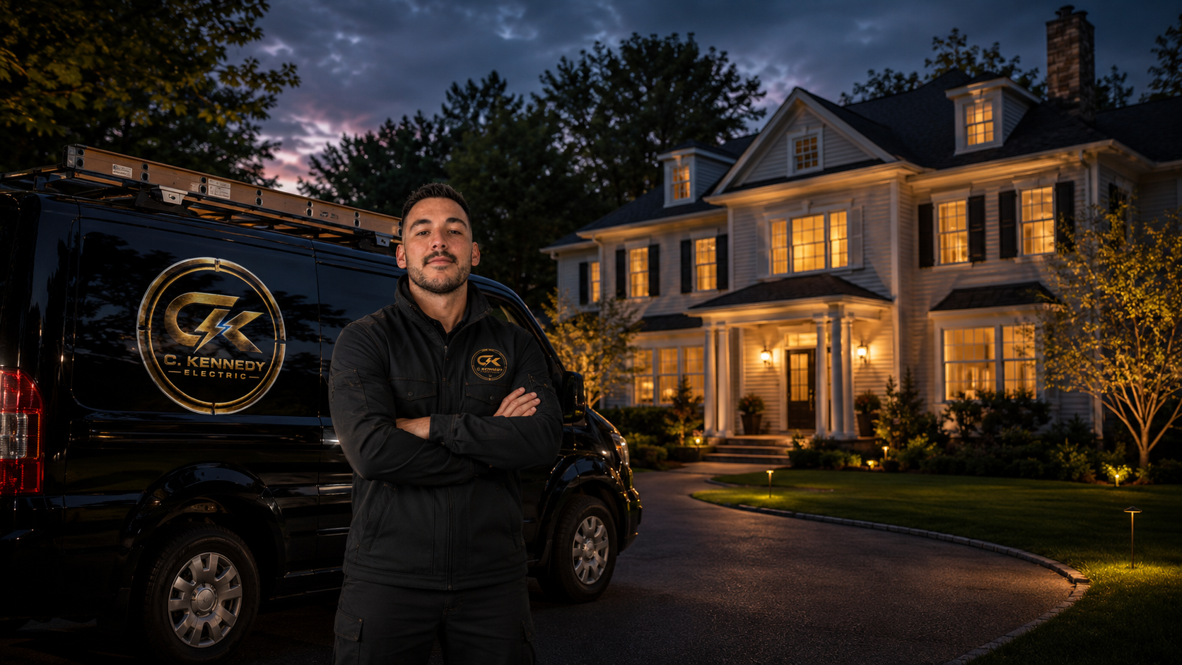 C. Kennedy Electric van parked in front of a luxury South Shore home at twilight