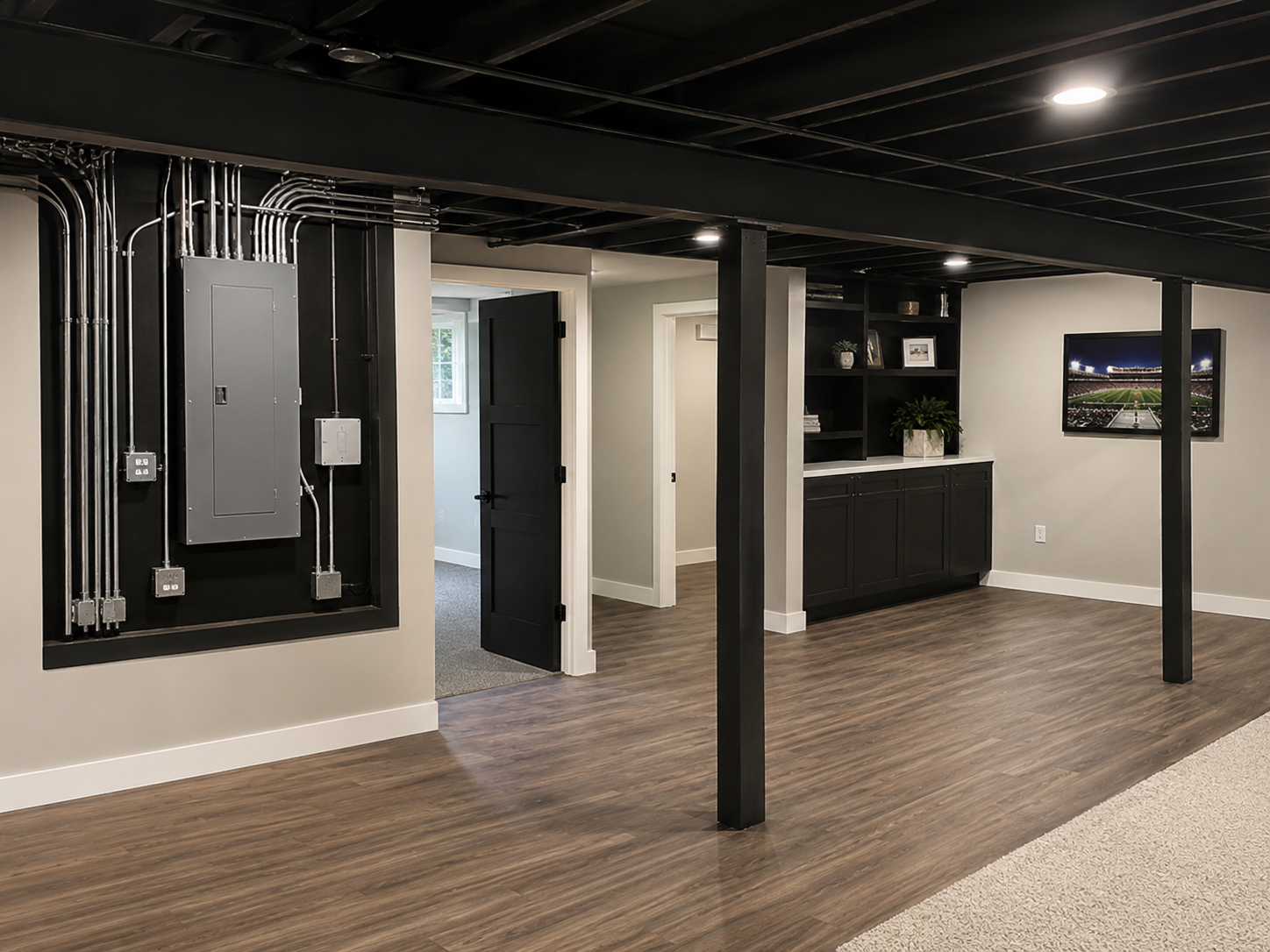 Industrial-finish basement electrical panel and conduit — C. Kennedy Electric