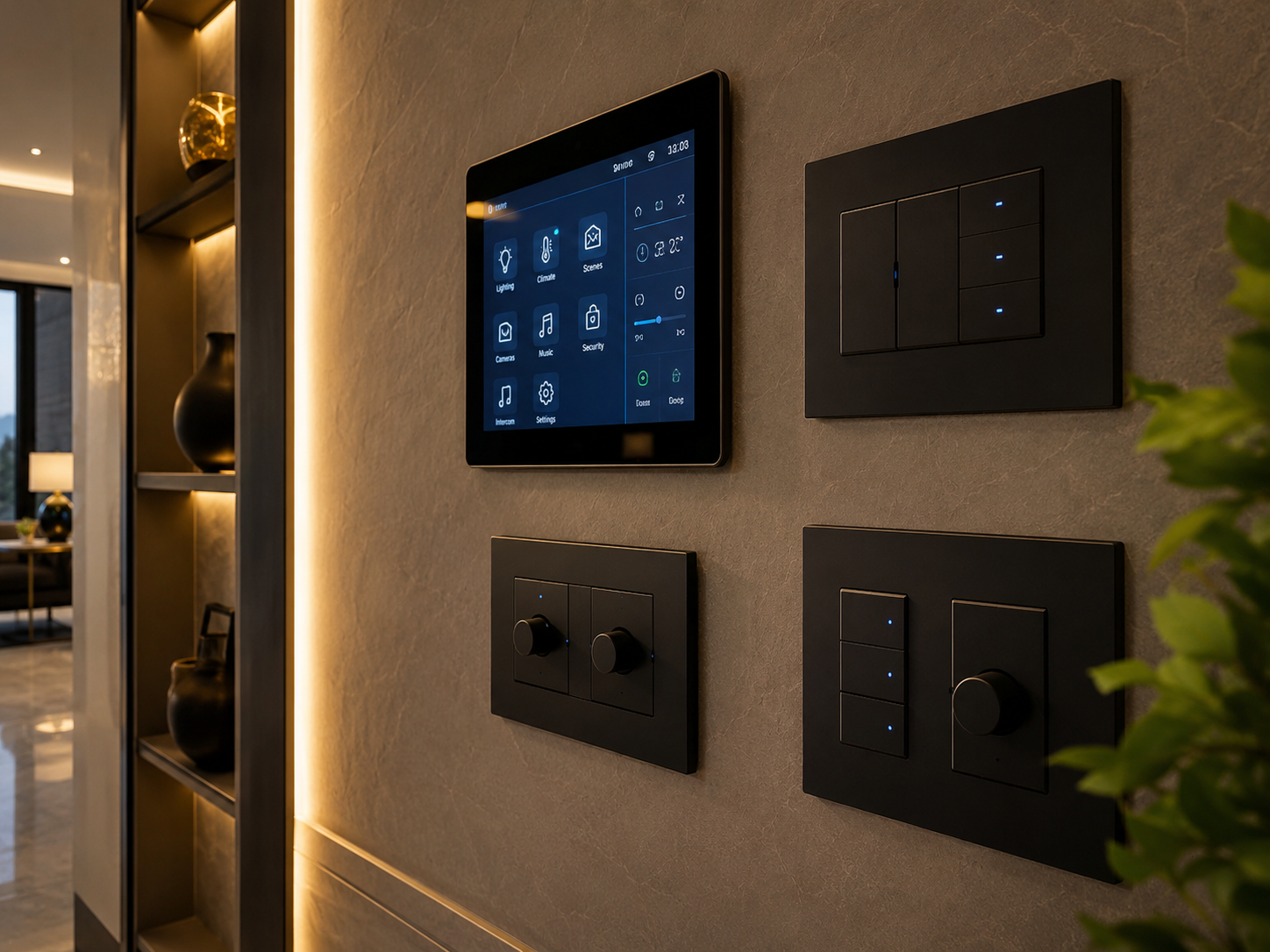 Smart home control wall with tablet, Lutron dimmers and premium keypads — C. Kennedy Electric