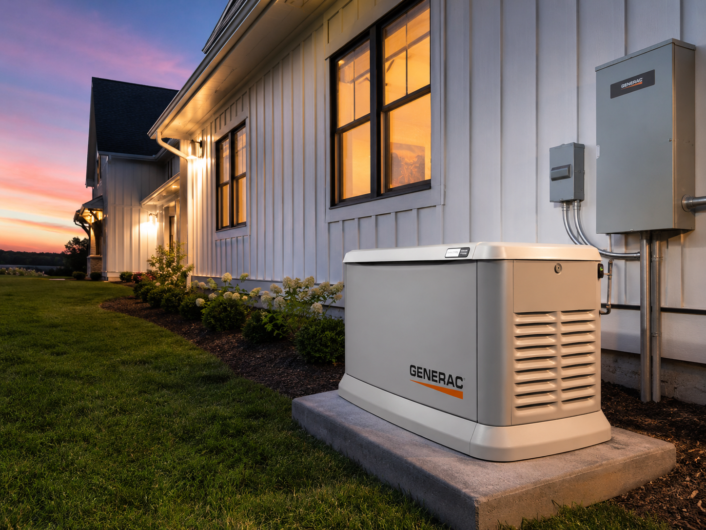 Generac whole-home standby generator installed at sunset — C. Kennedy Electric