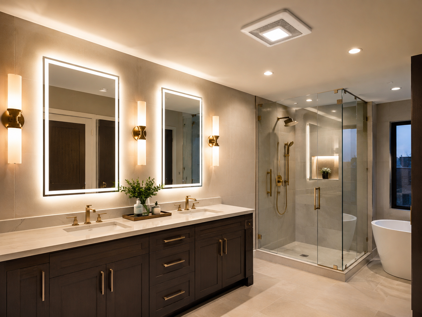 Luxury master bathroom with dual backlit LED mirrors and gold sconces — C. Kennedy Electric