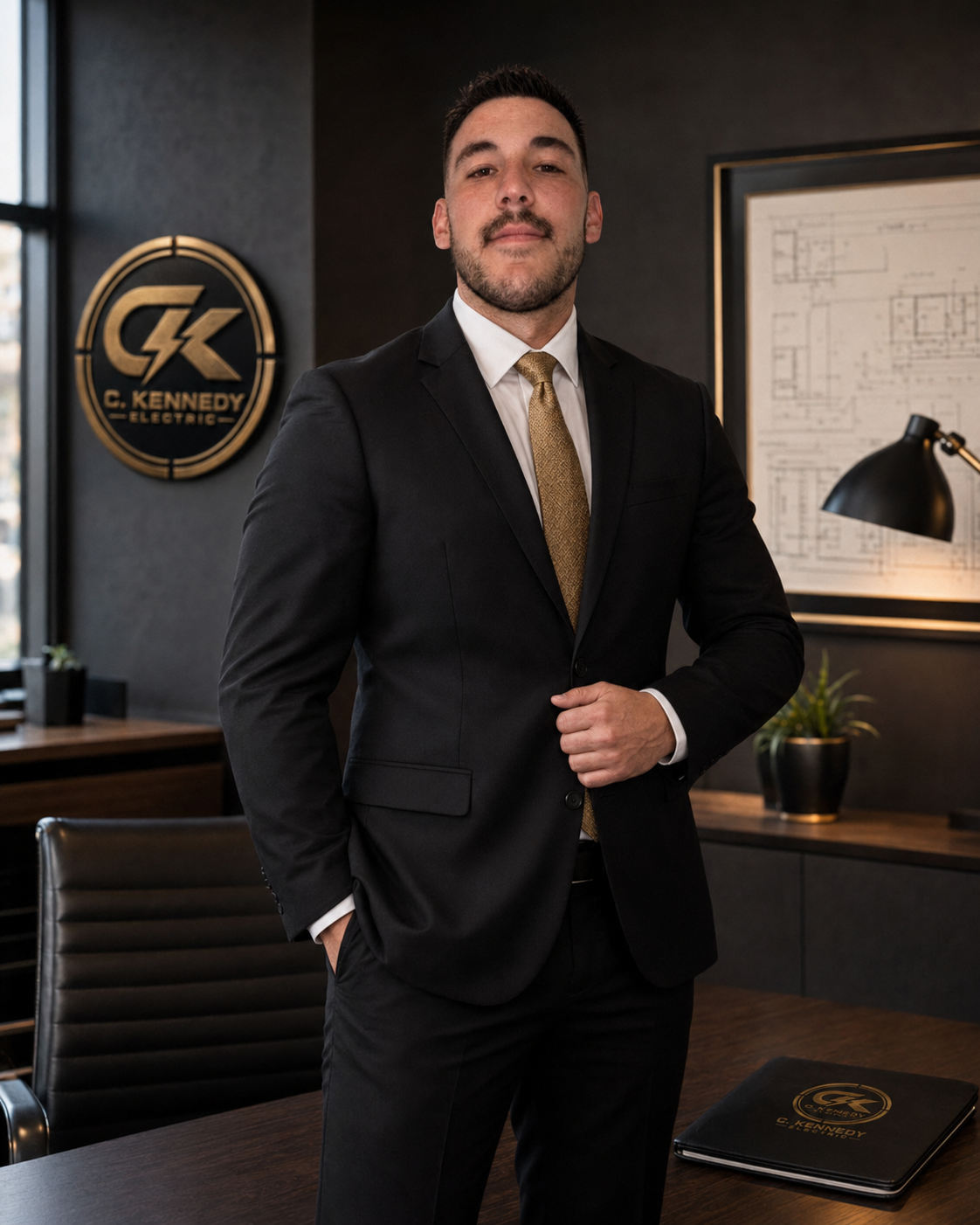 Christopher Kennedy, owner of C. Kennedy Electric, in a professional portrait with the company logo