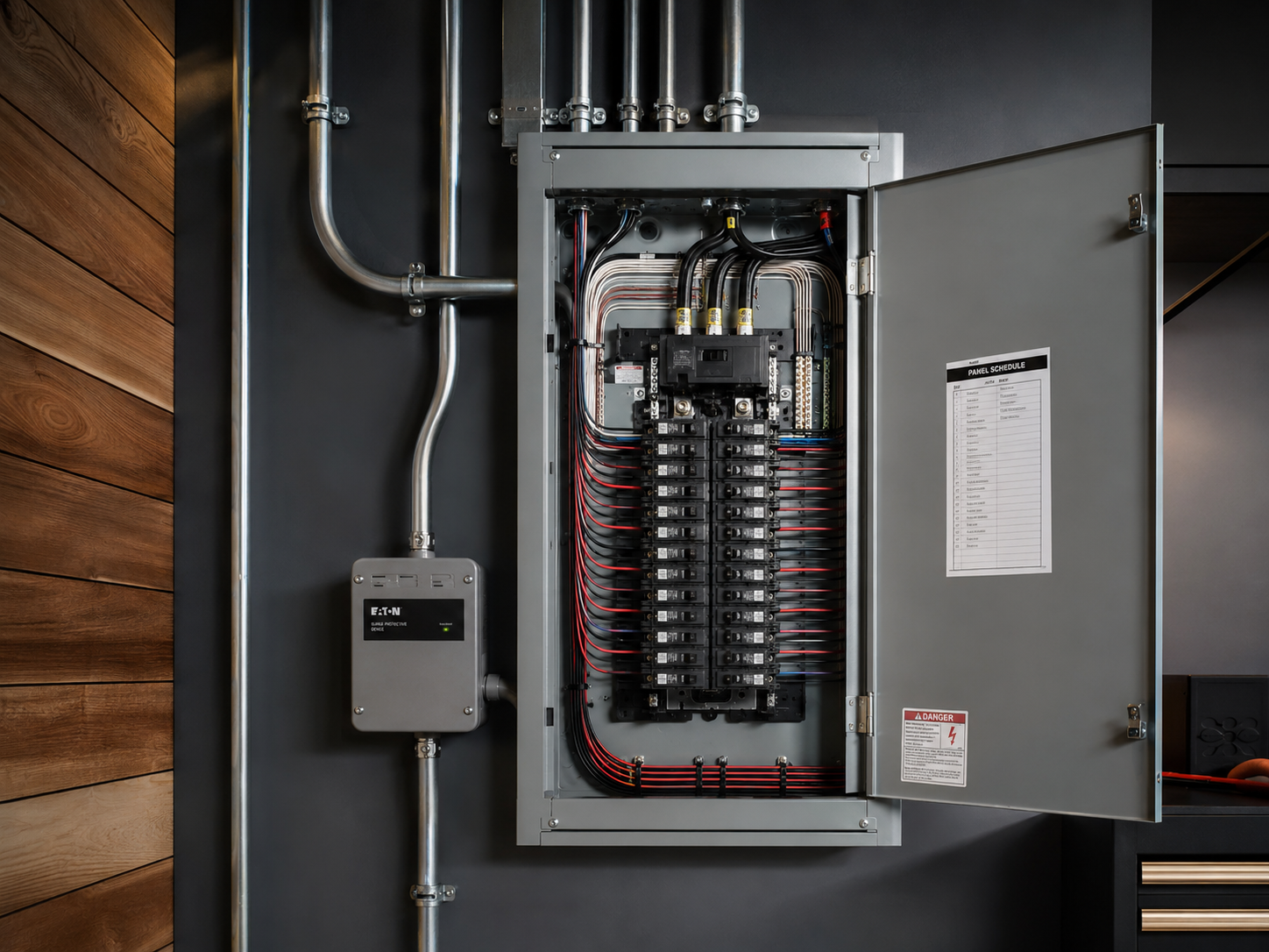 Eaton electrical panel with organized wiring and panel schedule on dark accent wall — C. Kennedy Electric