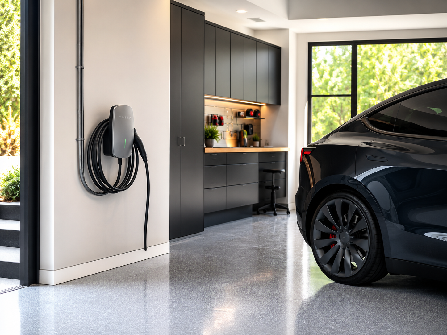 Tesla Wall Connector in luxury epoxy-floor garage — C. Kennedy Electric EV charger installation