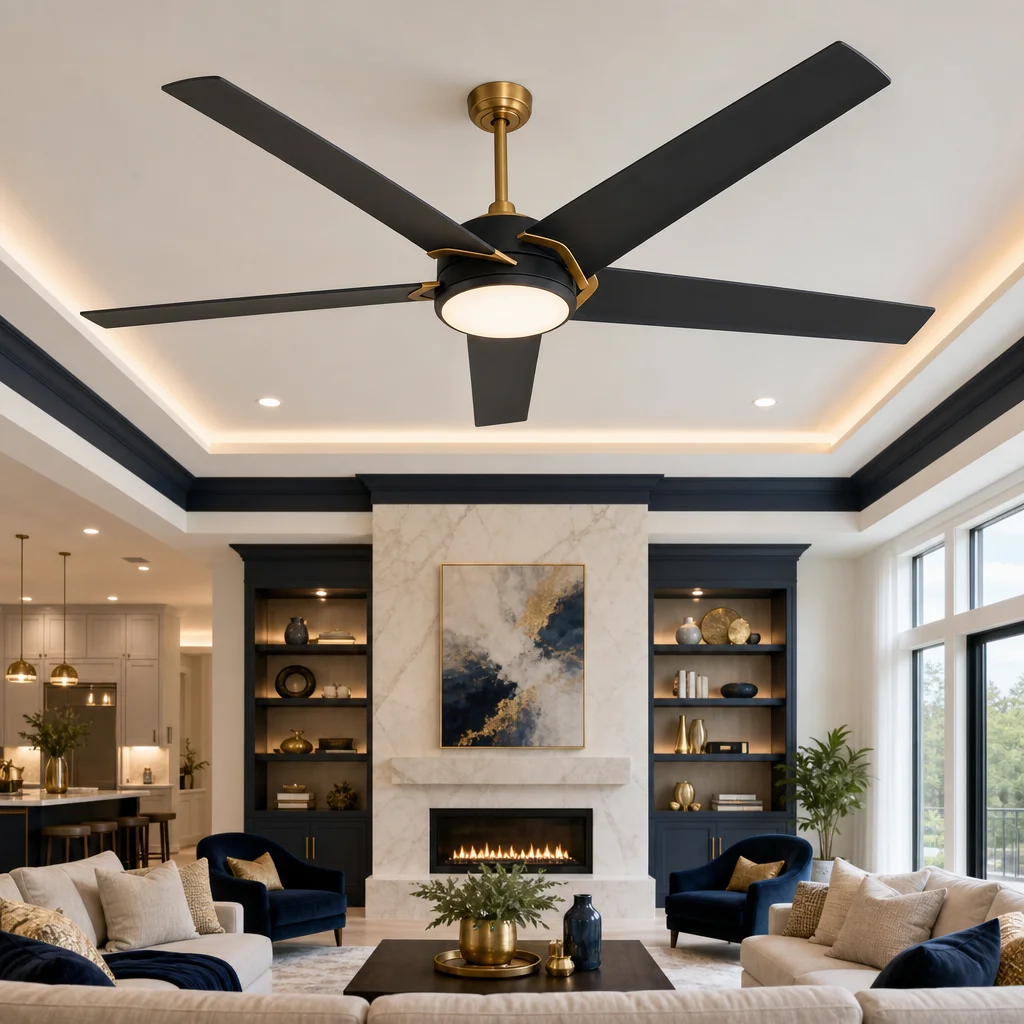 Christopher Kennedy holding a remote and looking up at a large 5-blade ceiling fan he just installed in a luxury great room