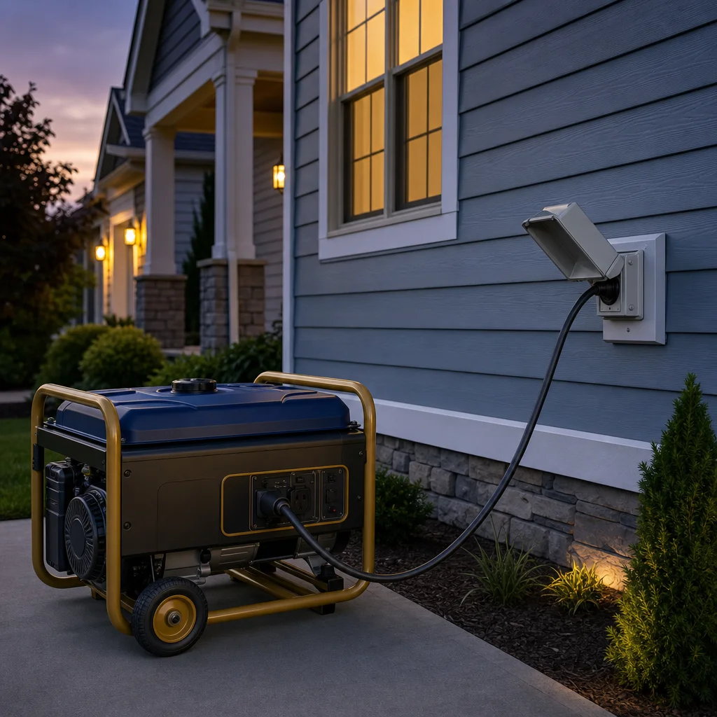 Christopher Kennedy crouching next to a portable generator plugged into a transfer switch outlet at a suburban home at dusk