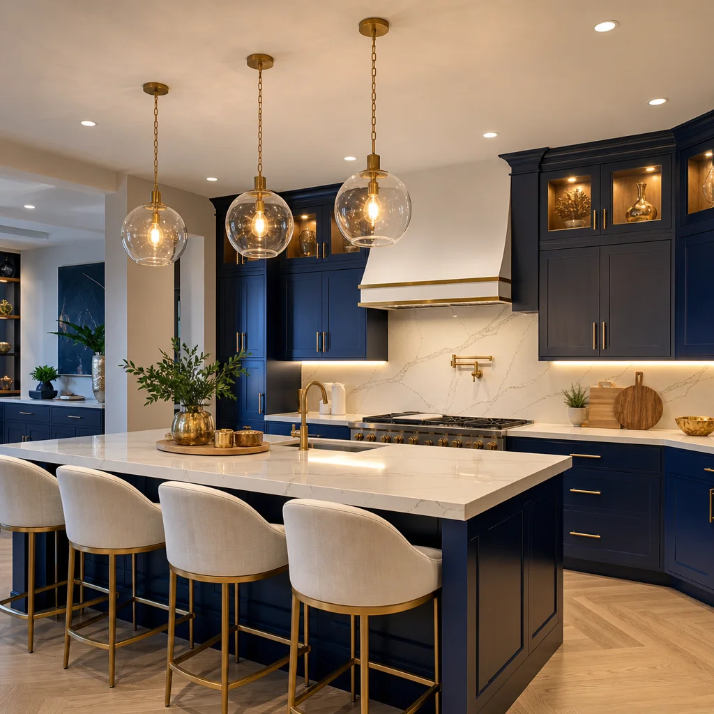 Christopher Kennedy in a luxury kitchen with globe glass pendant lights and recessed lighting, adjusting wall controls