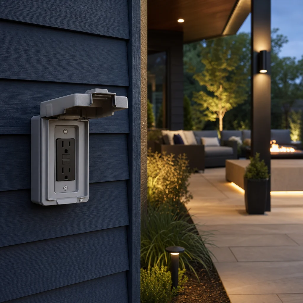 Christopher Kennedy crouching while installing a weatherproof outdoor GFCI outlet on house siding next to a luxury patio