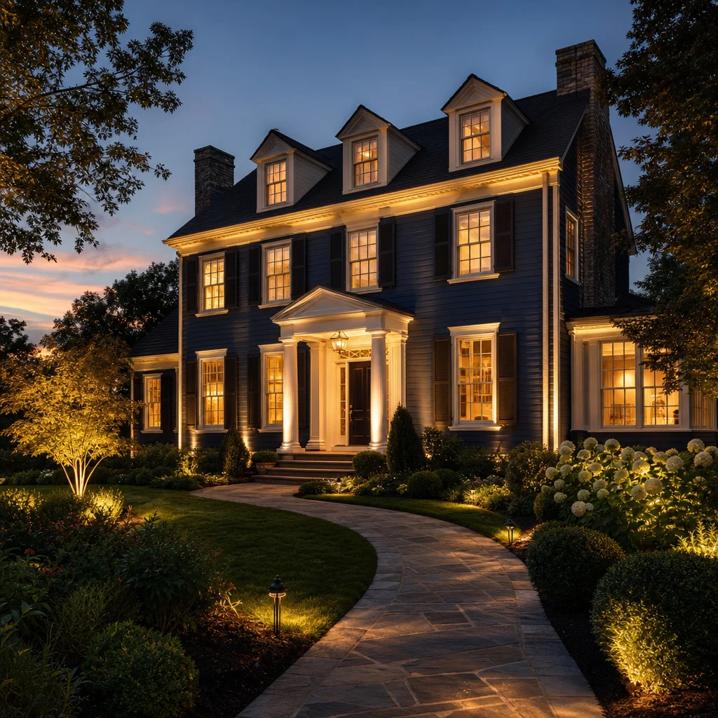 Christopher Kennedy standing in front of a beautifully lit colonial home at dusk with C. Kennedy Electric tool bag