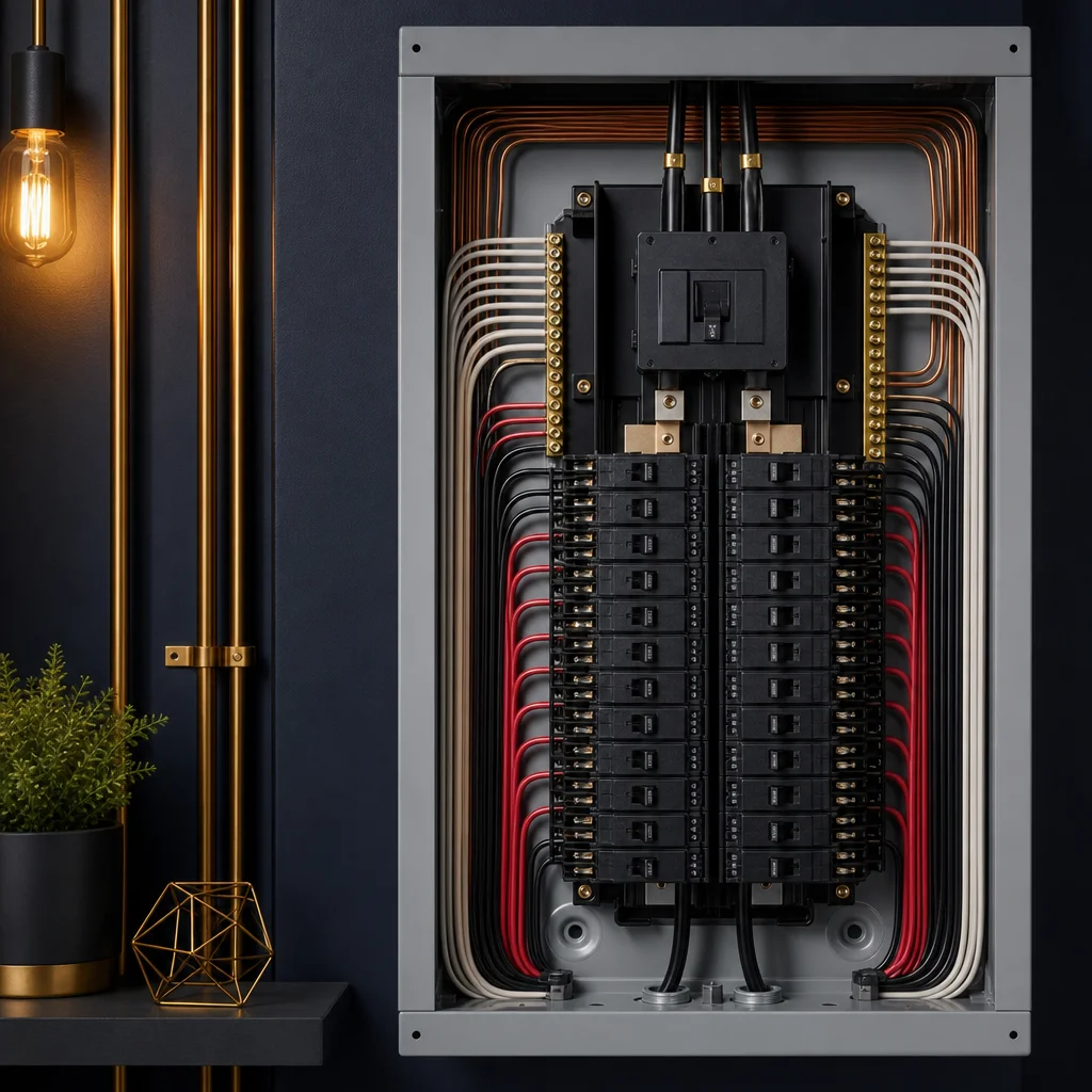 Christopher Kennedy installing a branded C. Kennedy Electric panel cover on a new electrical panel in a modern luxury home