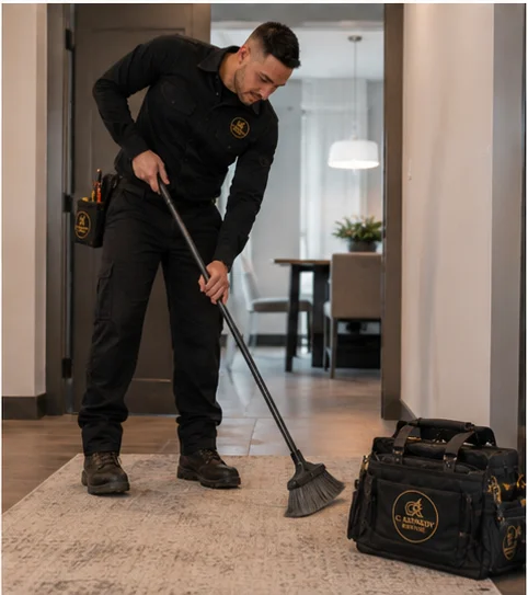 Christopher Kennedy sweeping the floor after completing electrical work — C. Kennedy Electric