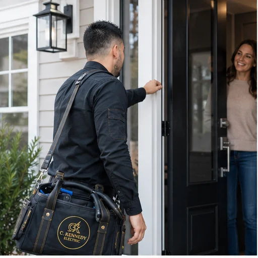 Christopher Kennedy arriving at a homeowner's front door — C. Kennedy Electric