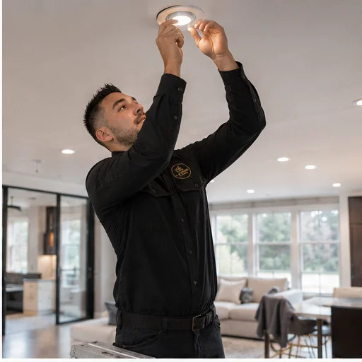 Christopher Kennedy installing a recessed light in a luxury home ceiling — C. Kennedy Electric